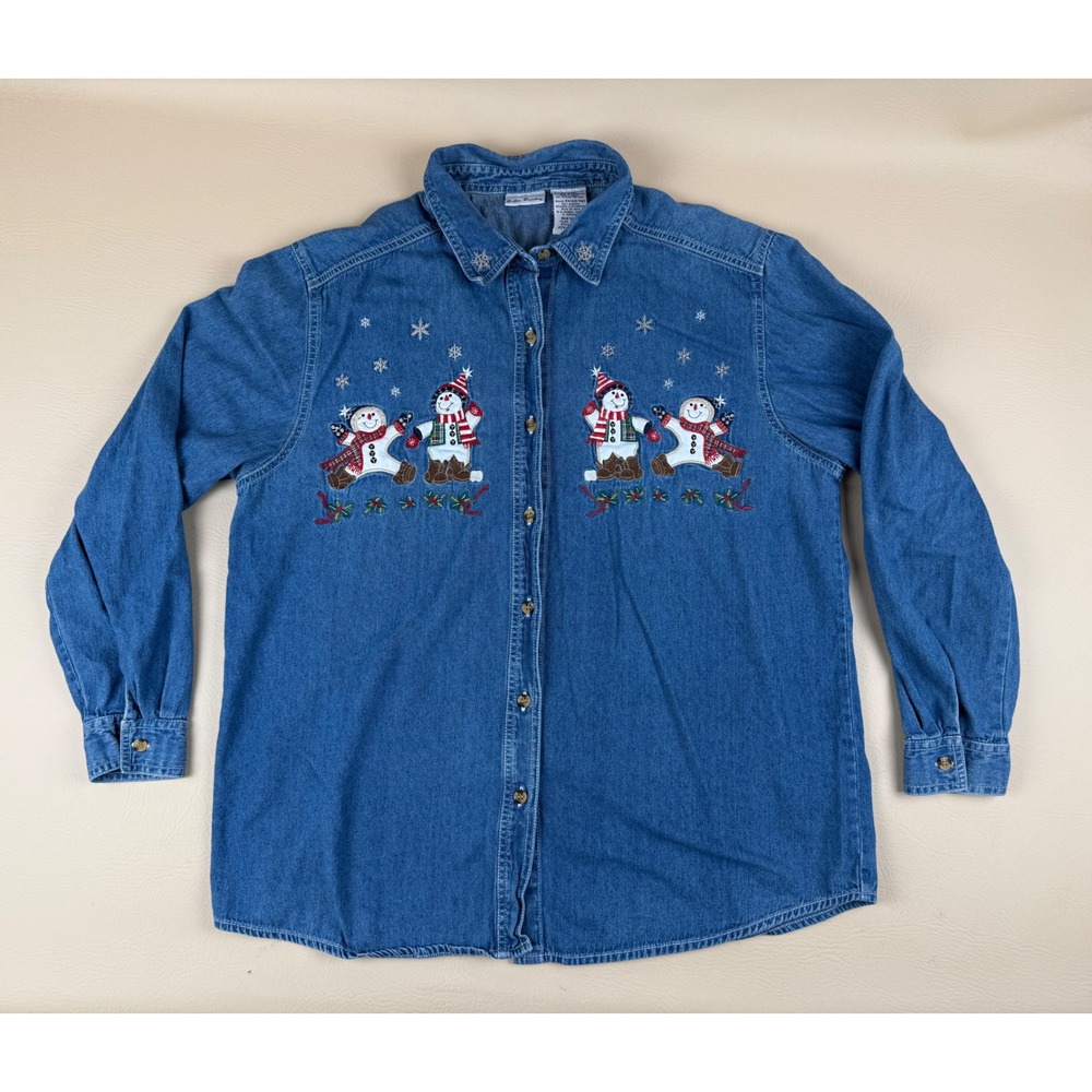 Bobbie Brooks XL Denim Shirt Snowman Holiday Cotton Embroidered Button Down